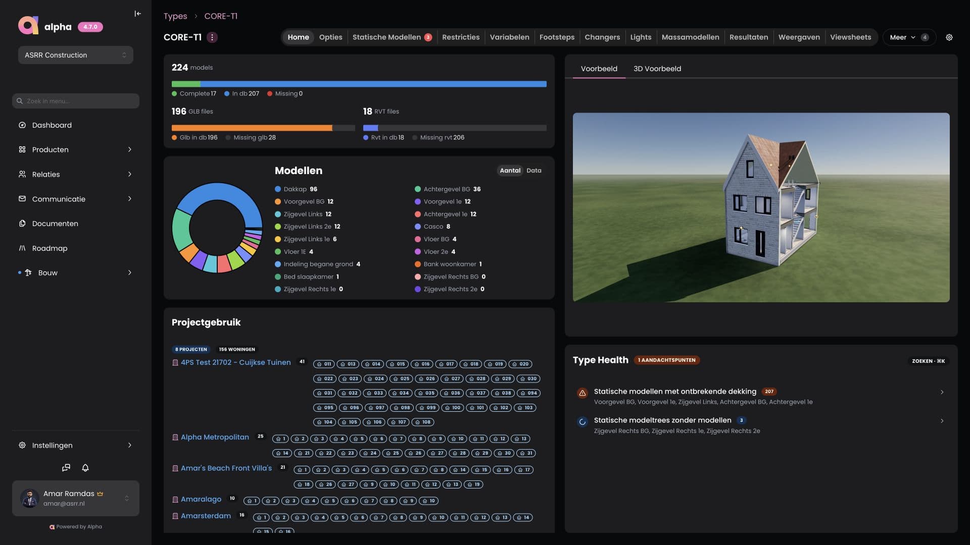 Voor: de oude type-editor met tabbladen, statistieken en een woningvoorbeeld.