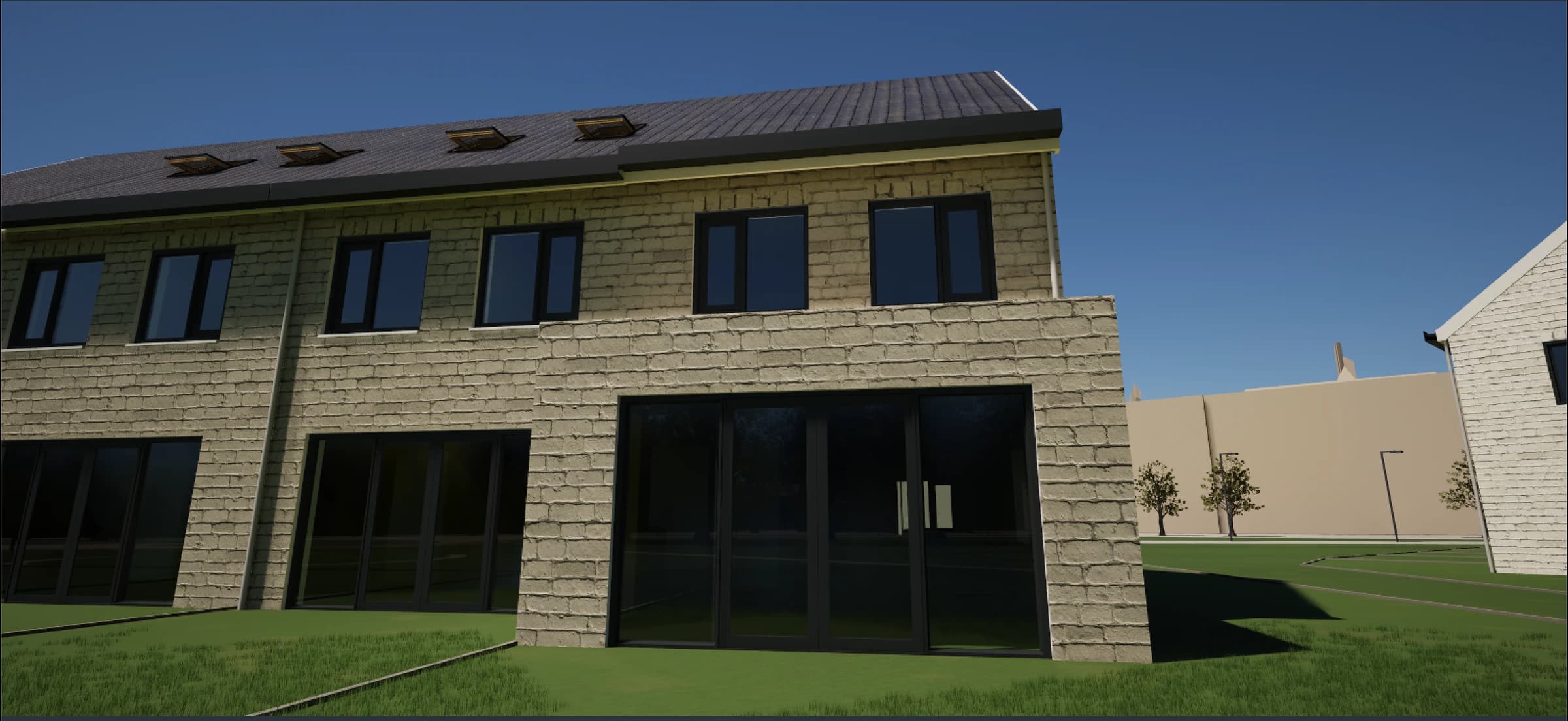 De uitbouw van dichtbij: reliëf in het metselwerk en reflecties in de glazen pui.