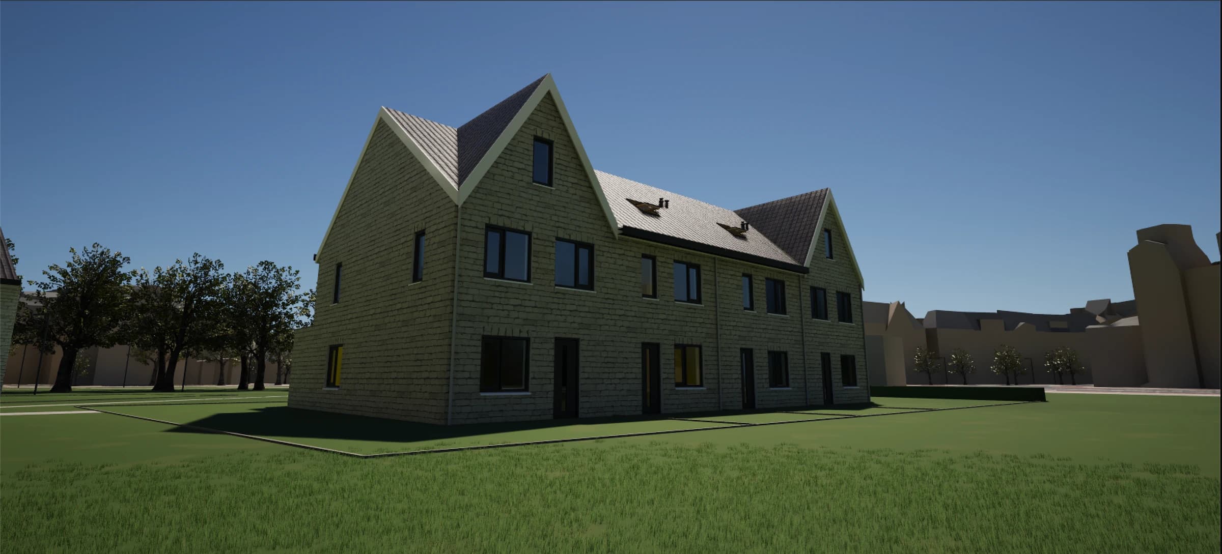 Woningblok in Alpha Studio met gedetailleerd metselwerk, dakpannen en schaduwen in Unreal Engine