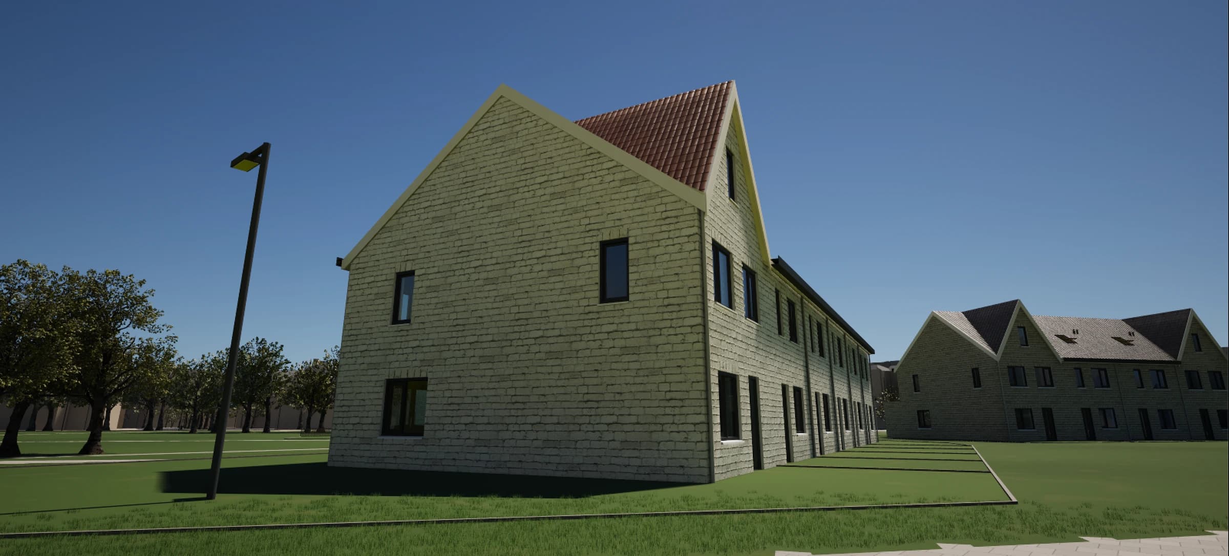 Straatbeeld in Alpha Studio: metselwerk, dakpannen en schaduw geven de woningen diepte.