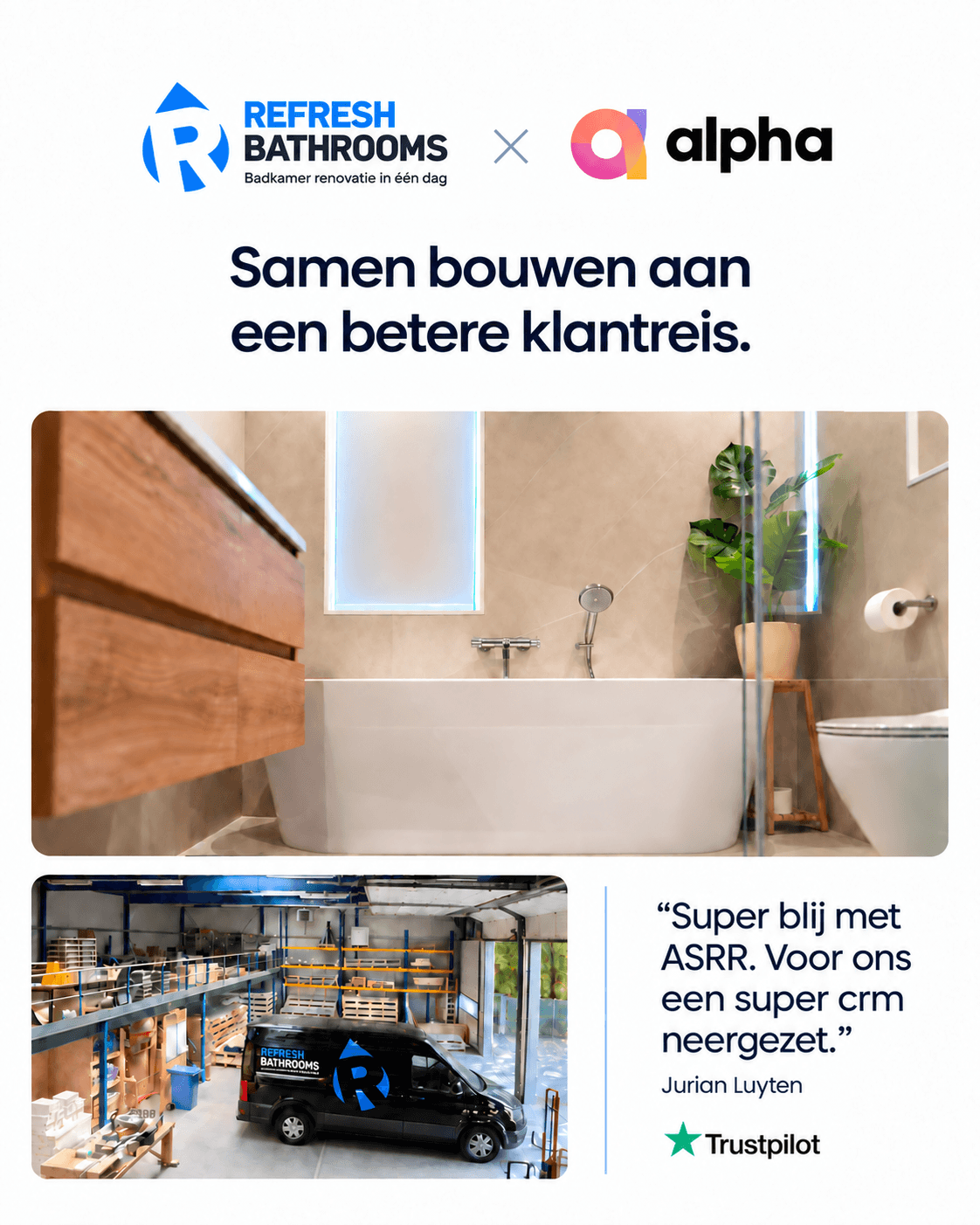 Refresh Bathrooms × Alpha: building a better customer journey together. Visual composed with AI using supplied photographs.