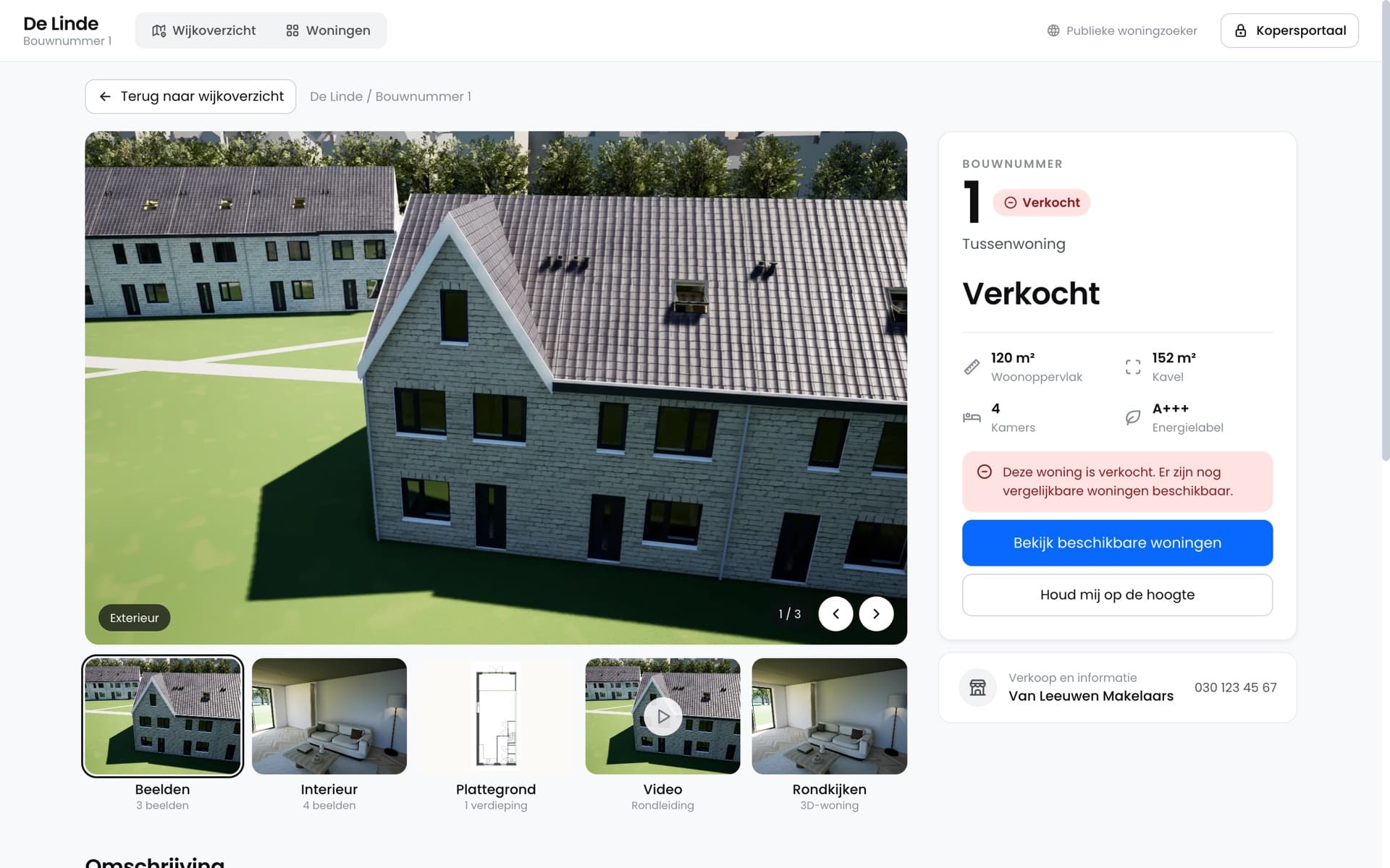 De pagina van één bouwnummer: beelden, interieur, plattegrond, video en rondkijken, met de kenmerken en een knop voor interesse.