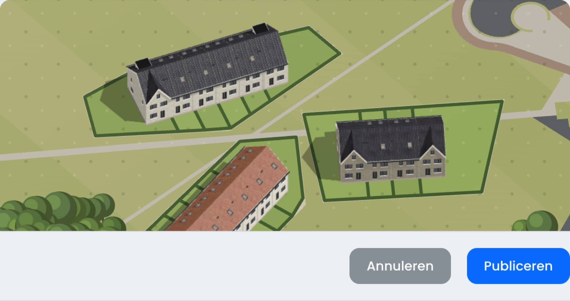 Bij publiceren kiest het verkoopteam de kijkhoek en ziet het vooraf hoe de wijk eruit komt te zien.